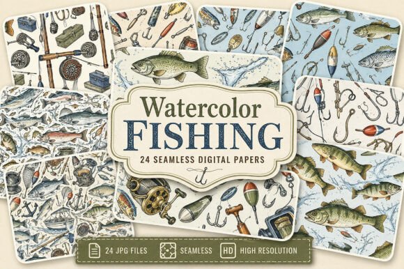 Download Watercolor Fishing Digital Paper - Premium Resources